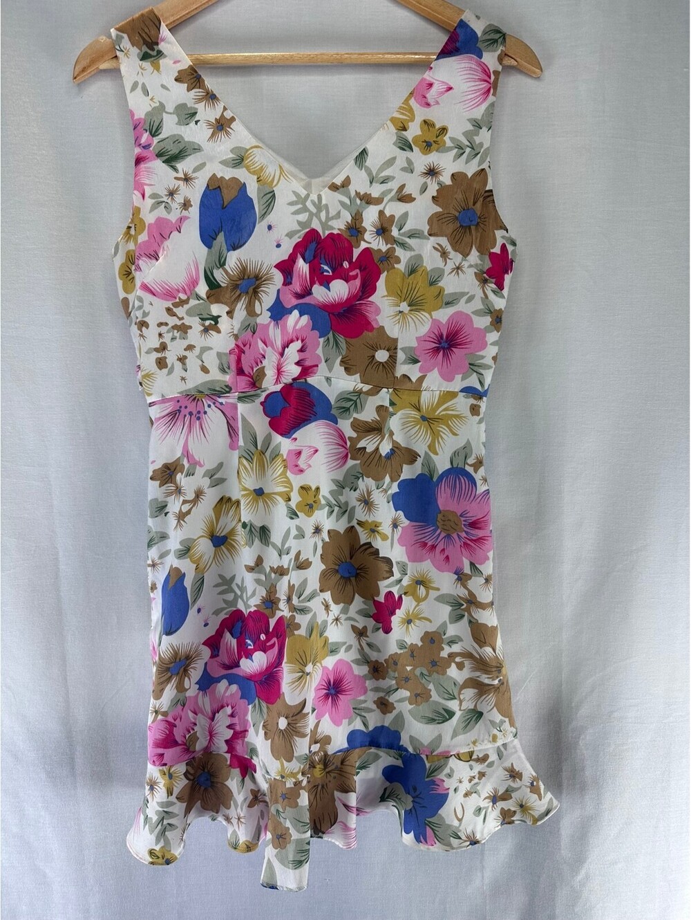 Esley Size Small Ivory Multicolor Floral Ruffle Sleeveless Mini Dress